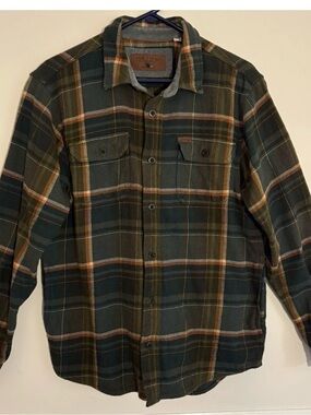 Orvis Heavyweight Flannel Shirt Jacket w/ Pockets Olive Brown Plaid